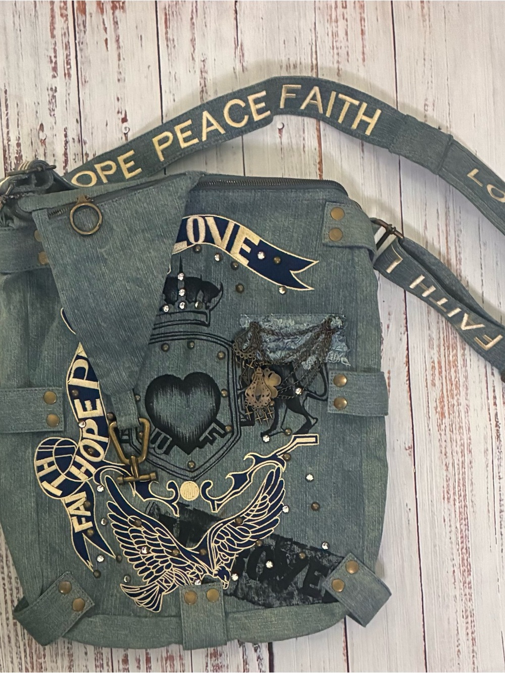Denim Crossbody Tote with Hope Peace Faith Strap Junk Purse Grunge